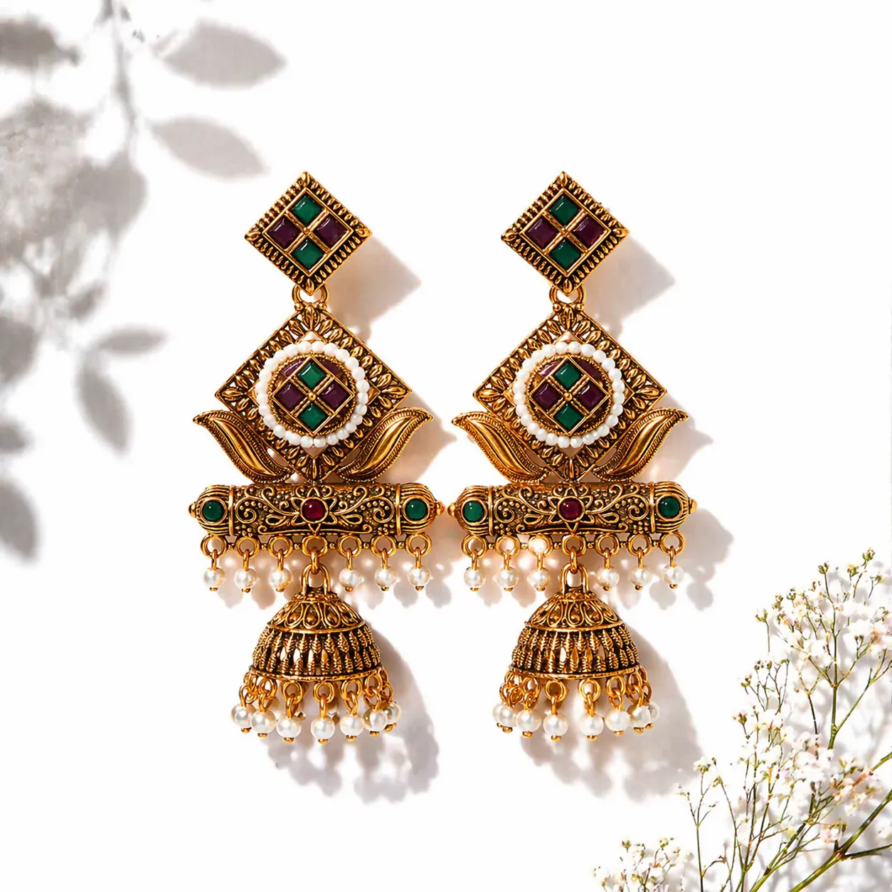 Premium Antique Gold-Plated Geometric Stone & Pearl Jhumka Earrings - Detailed Feature View 1