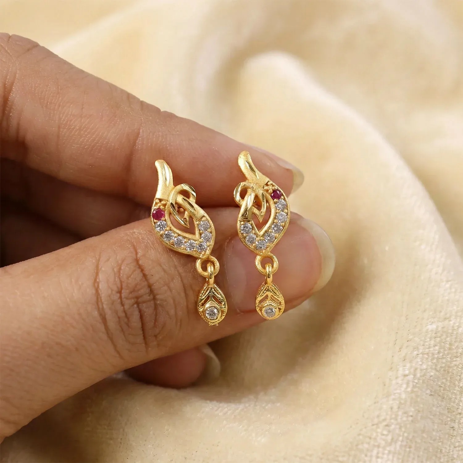 Gold Leaf Drop Earrings with Stone Details - Pair - Detailed Feature View 2