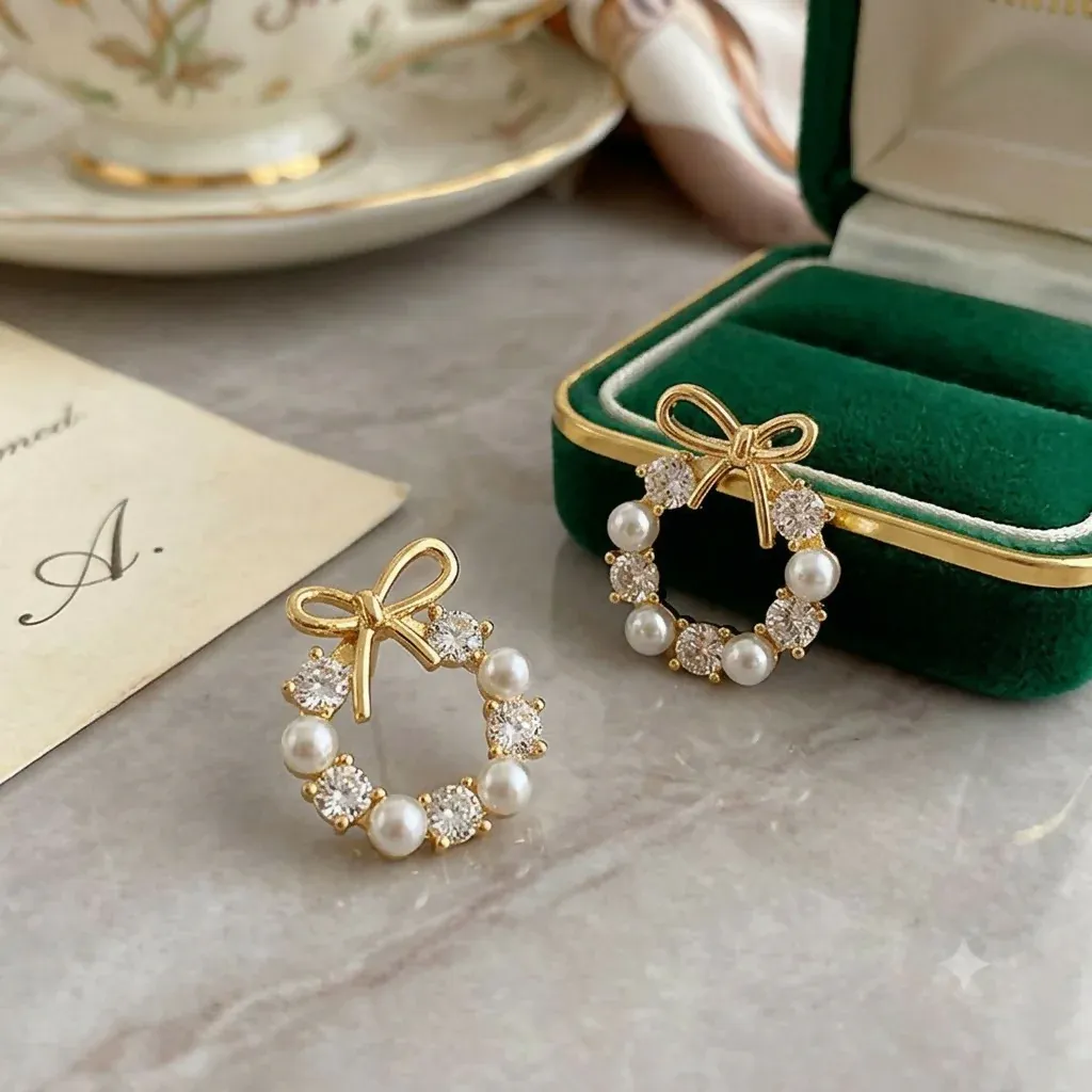 Premium Gold-Tone Bow and Pearl Wreath Earrings - Elegant Jewelry - Buy Online at Alikart