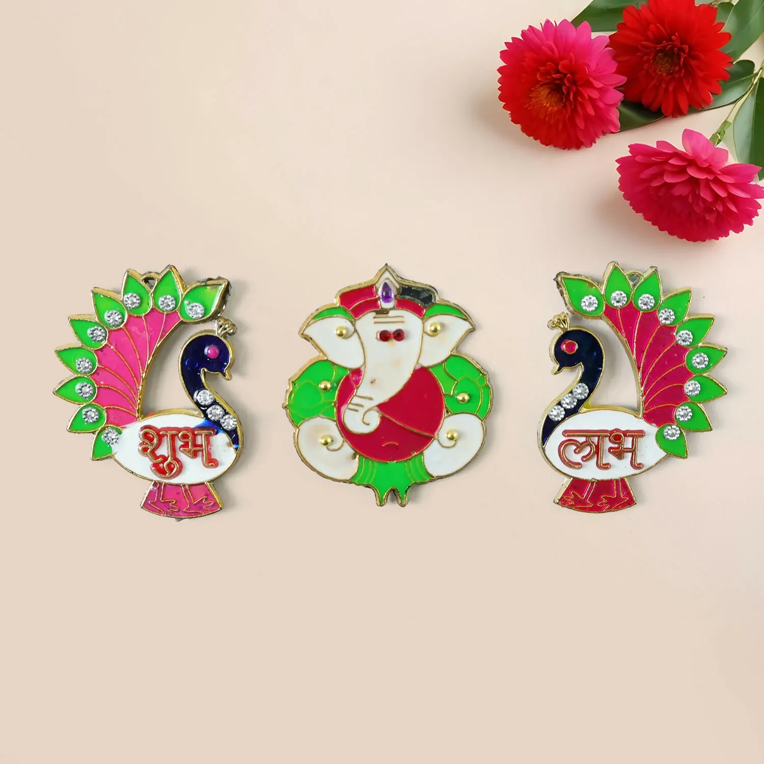 Acrylic Meenakari Peacock Ganesh Shubh Labh Door Hanging – Set of 3 - Detailed Feature View 2