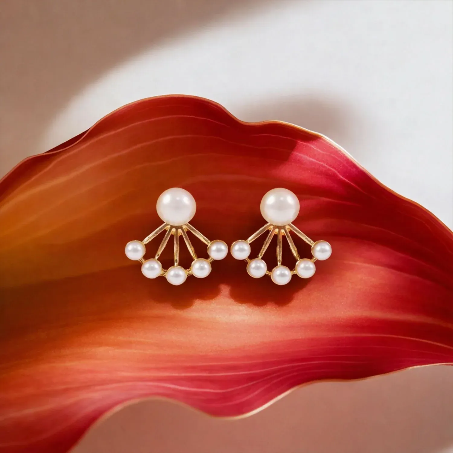Korean Style Pearl Fan Design Stud Earrings for Women & Girls - Detailed Feature View 3