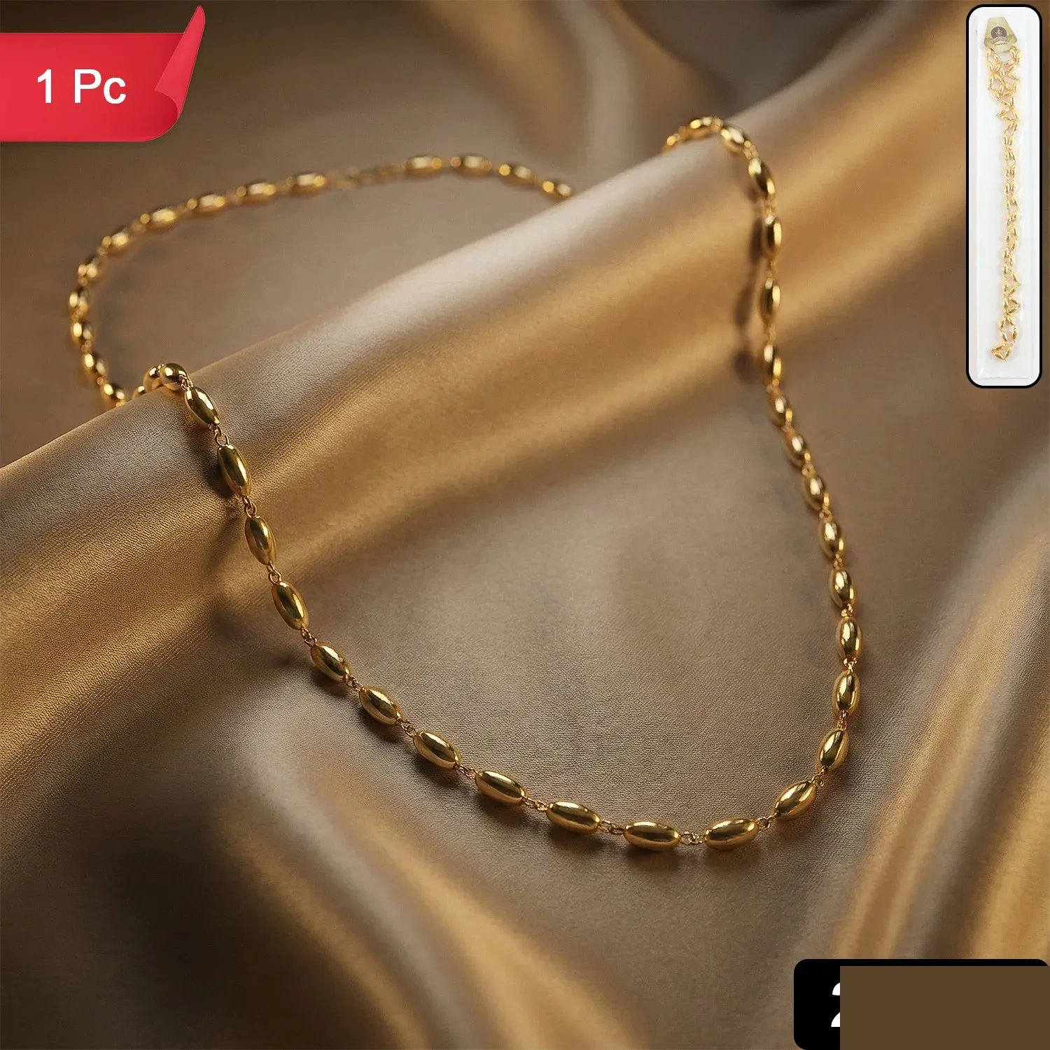 Elegant Gold-Tone Oval Bead Necklace Chain for Women (1 Pc) - Detailed Feature View 1