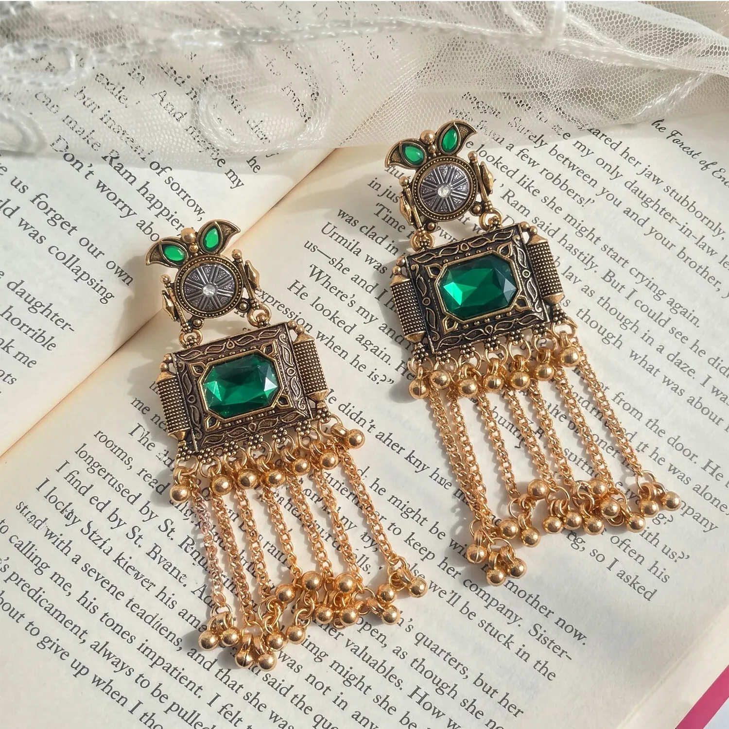 Kashmiri Antique Long Tassel Earrings with Green Stone & Ghungroo Chain Drops - Detailed Feature View 2