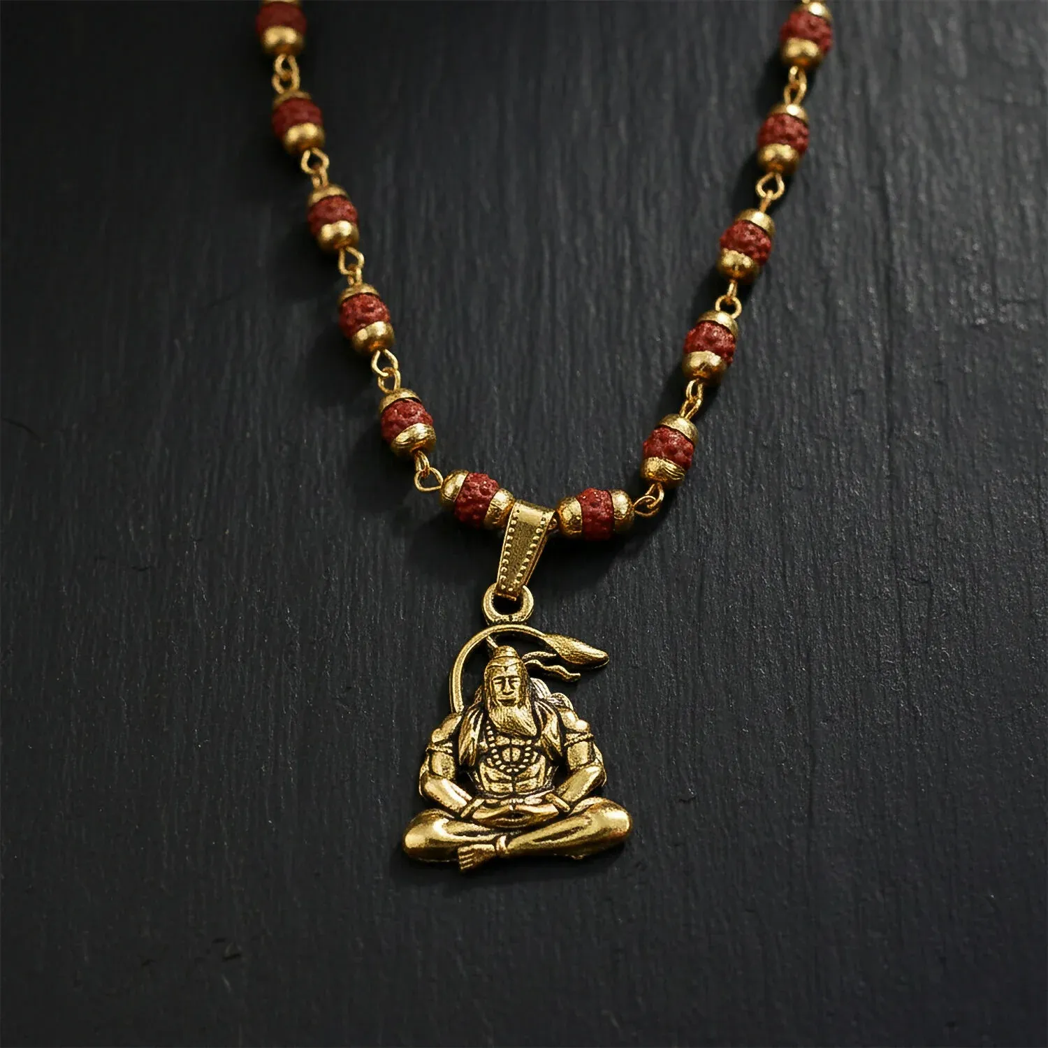 Hanuman Pendant Gold Plated & Rudraksha Bead Mala - Detailed Feature View 1