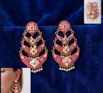 Pink Ethnic Chandbali Earrings with Pearl Accents