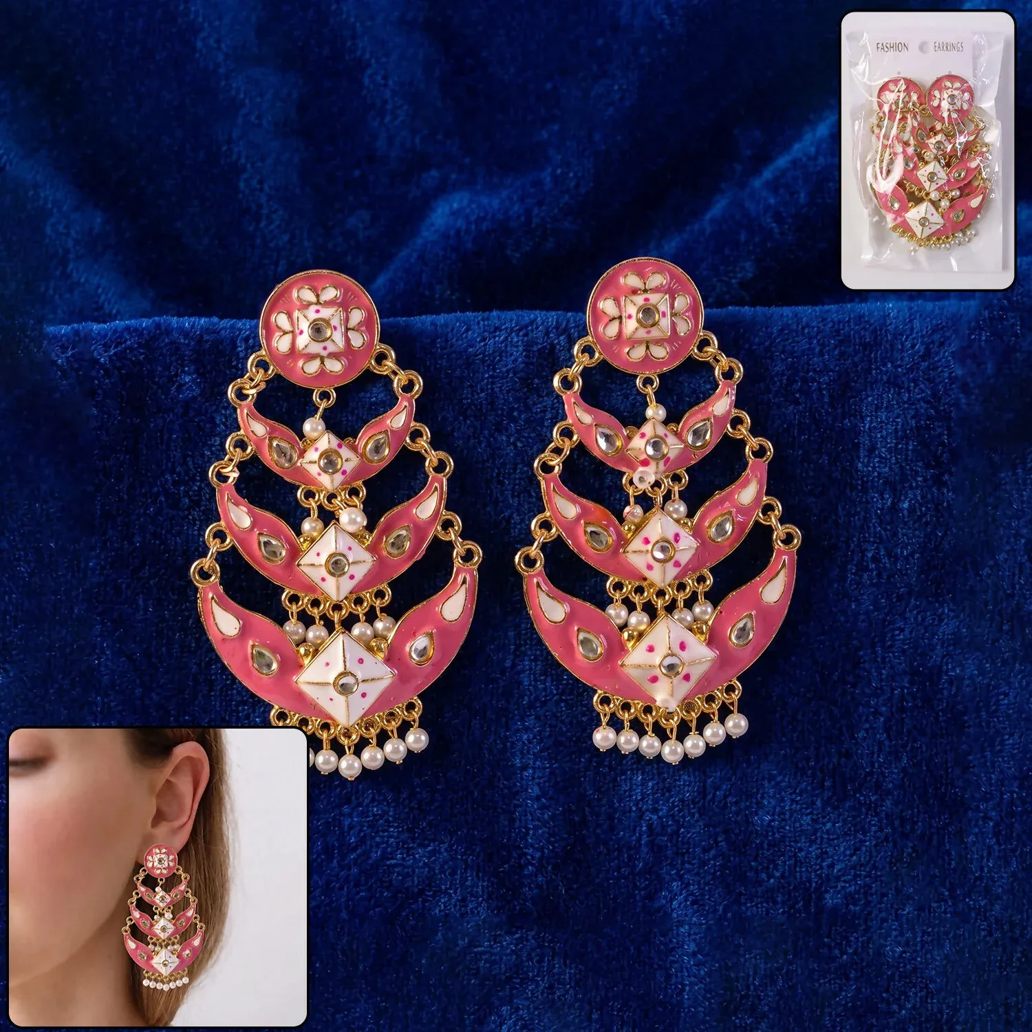 Premium Pink Ethnic Chandbali Earrings with Pearl Accents - Buy Online at Alikart