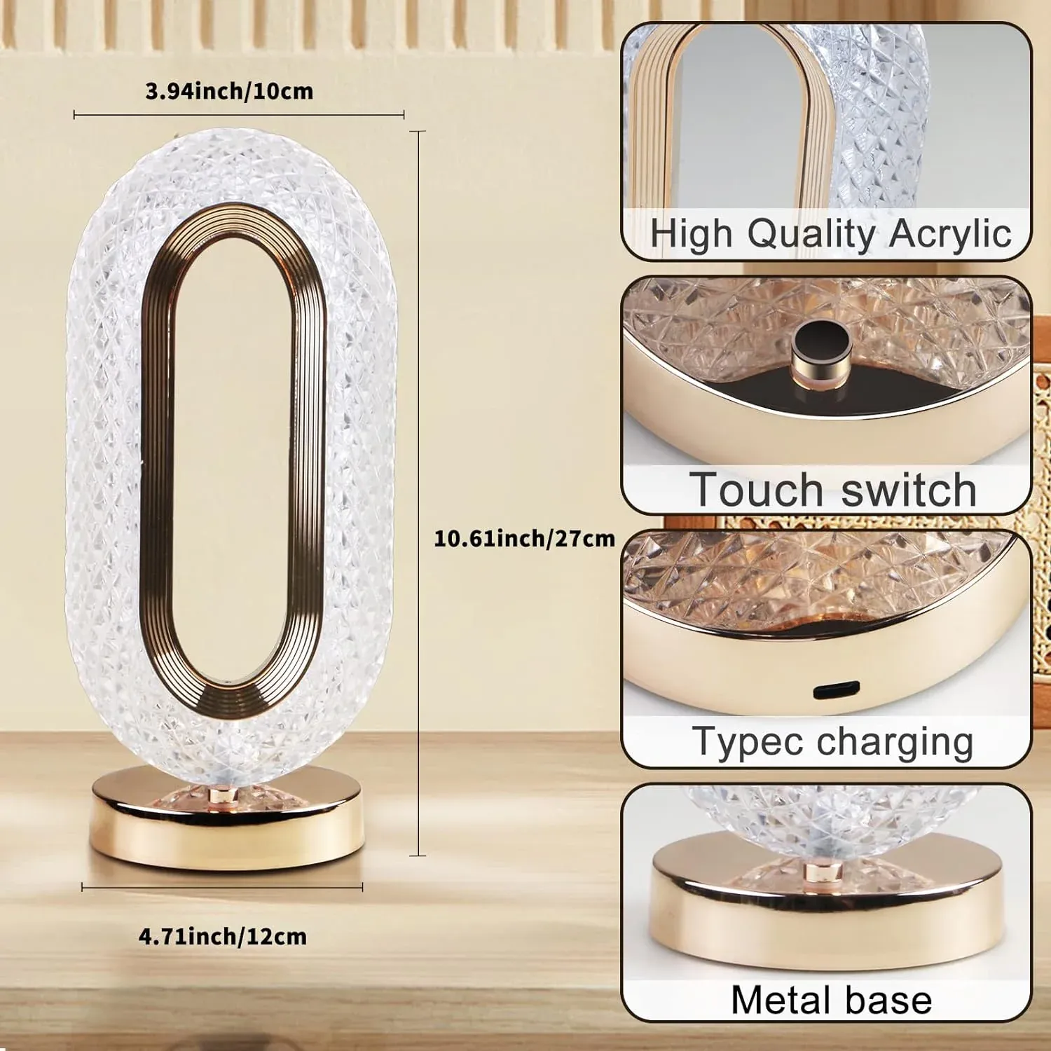 Touch Control Crystal Table Desk Lamp, 3-Way Dimmable Light, USB Rechargeable Crystal Diamond Table Lamp, Exquisite Night Stand Light Lamp Beside Lamp for Bedroom Living Room, Decorative Desk Lamp, Diwali - Detailed Feature View 7