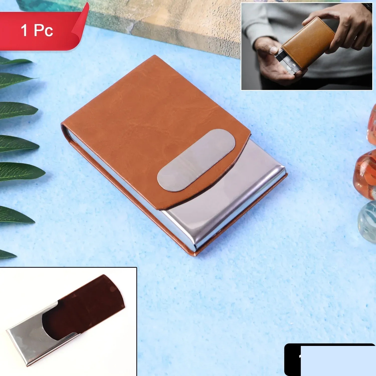 Premium Leather-Finish Business Card Holder with Stainless Steel Case - Detailed Feature View 1