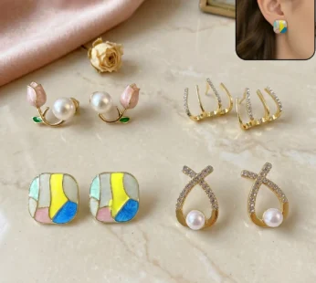 4 Pairs Korean Style Earrings Set – Pearl, Stud & Zircon Combo for Women