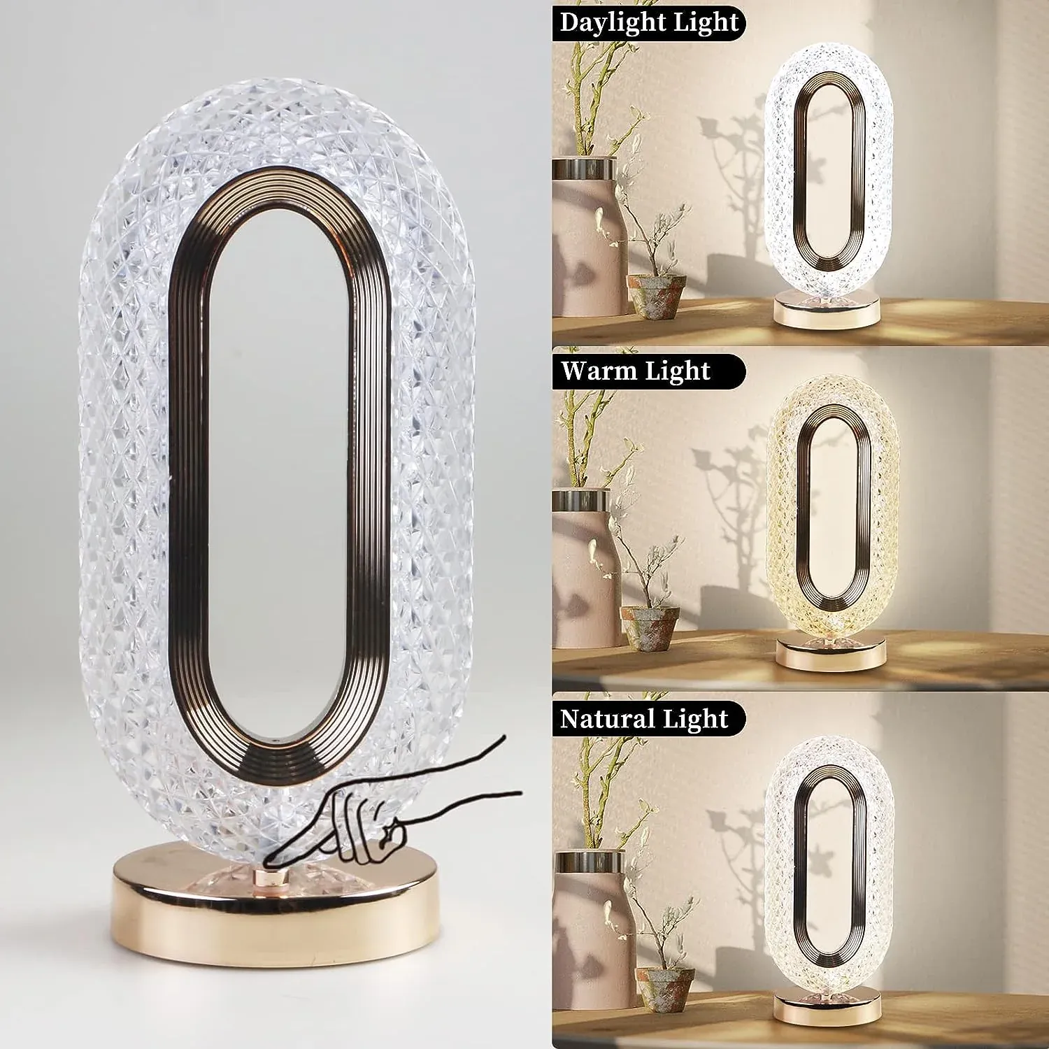 Touch Control Crystal Table Desk Lamp, 3-Way Dimmable Light, USB Rechargeable Crystal Diamond Table Lamp, Exquisite Night Stand Light Lamp Beside Lamp for Bedroom Living Room, Decorative Desk Lamp, Diwali - Detailed Feature View 2
