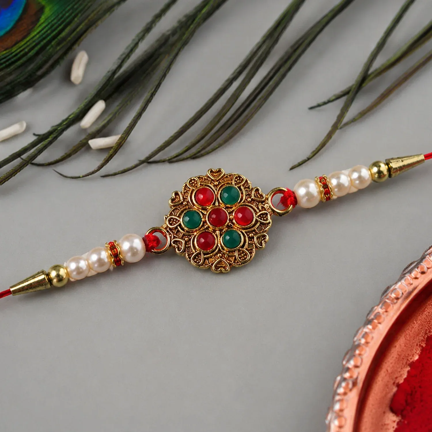 Premium Designer Rakhi with Beaded Work & Floral Meenakari Centerpiece - Buy Online at Alikart