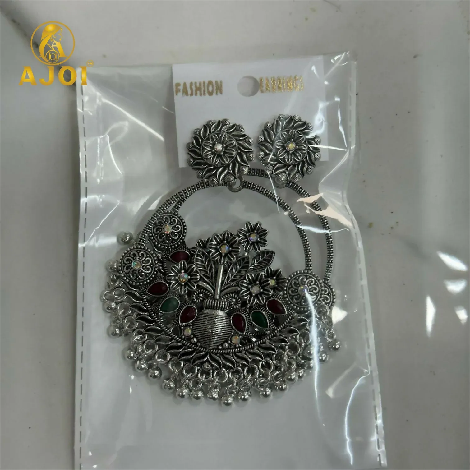 Oxidised Silver Floral Chandbali Earrings with Color Stones & Ghungroo - Detailed Feature View 5