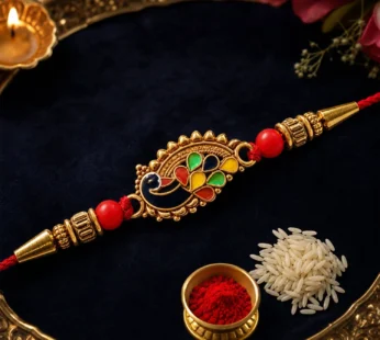 Peacock Rakhi – Elegant Designer Thread with Red Beads for Brother
