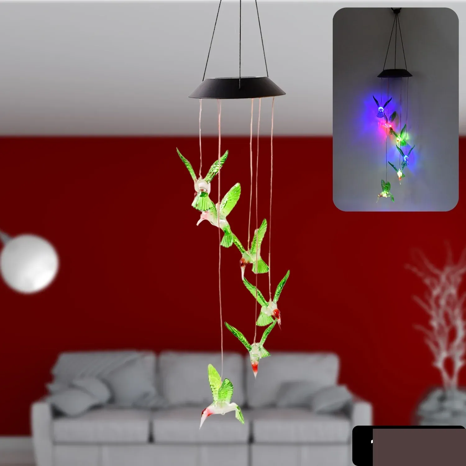 Solar Hummingbird Wind Chimes – Colorful LED Garden Decor - Detailed Feature View 1