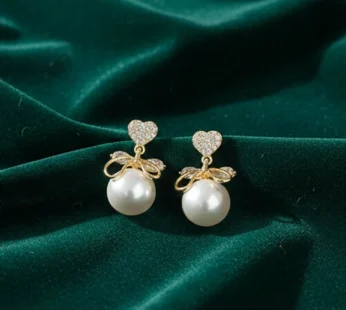 Romantic Heart Crystal & Pearl Bow Earrings in 14K Gold Plating