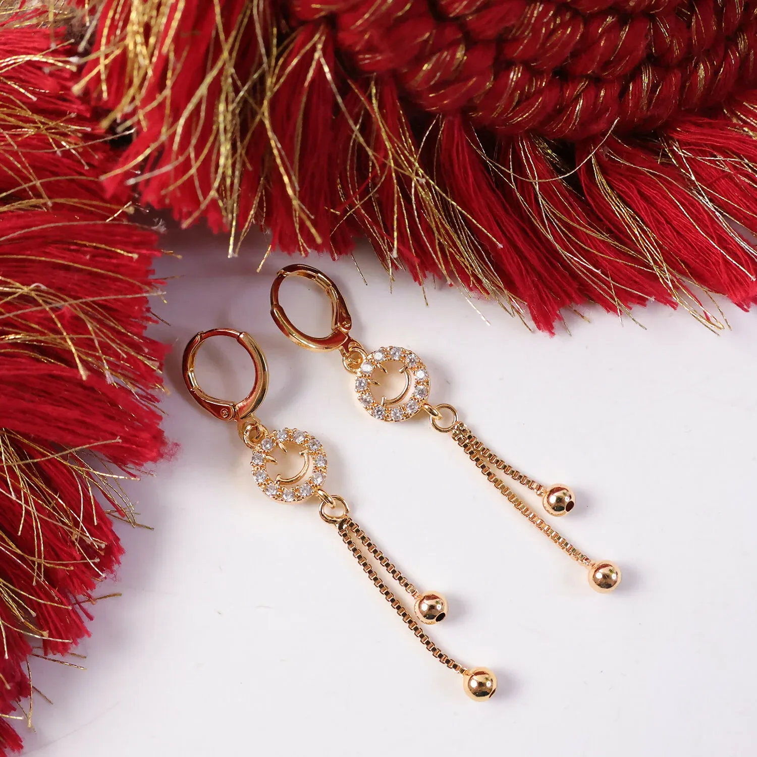 Gold-Tone Smiley Crystal Circle Tassel Drop Earrings for Women - Detailed Feature View 3