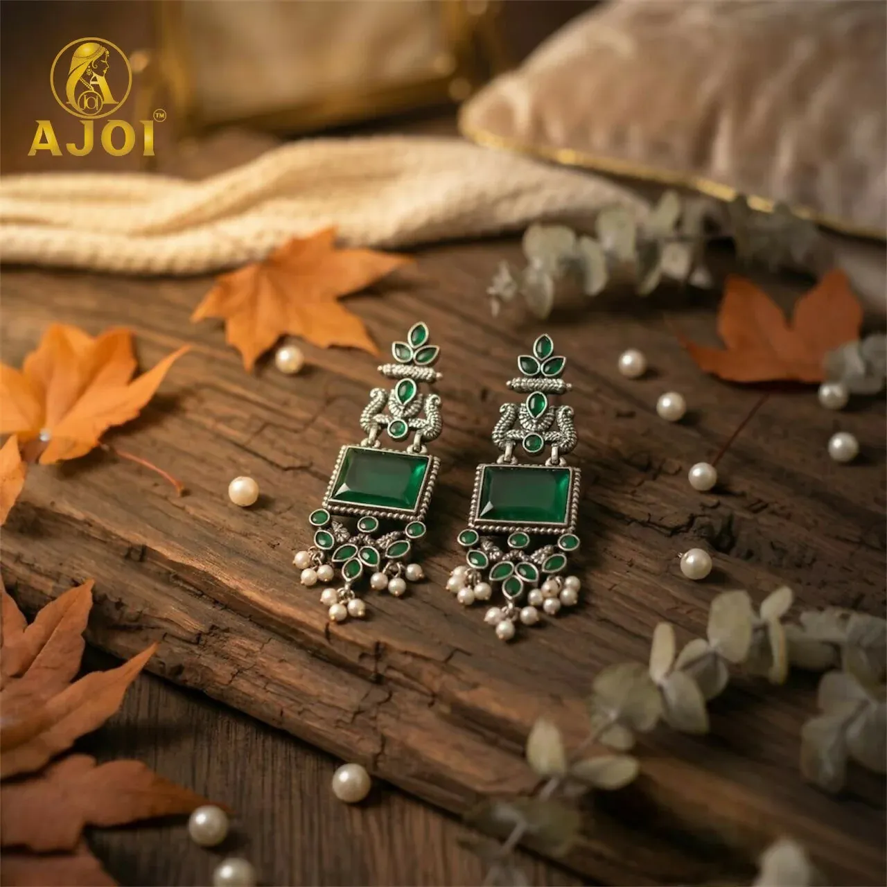 Premium Royal Green Kundan & Pearl Antique Silver Earrings Women And Girls. - Buy Online at Alikart