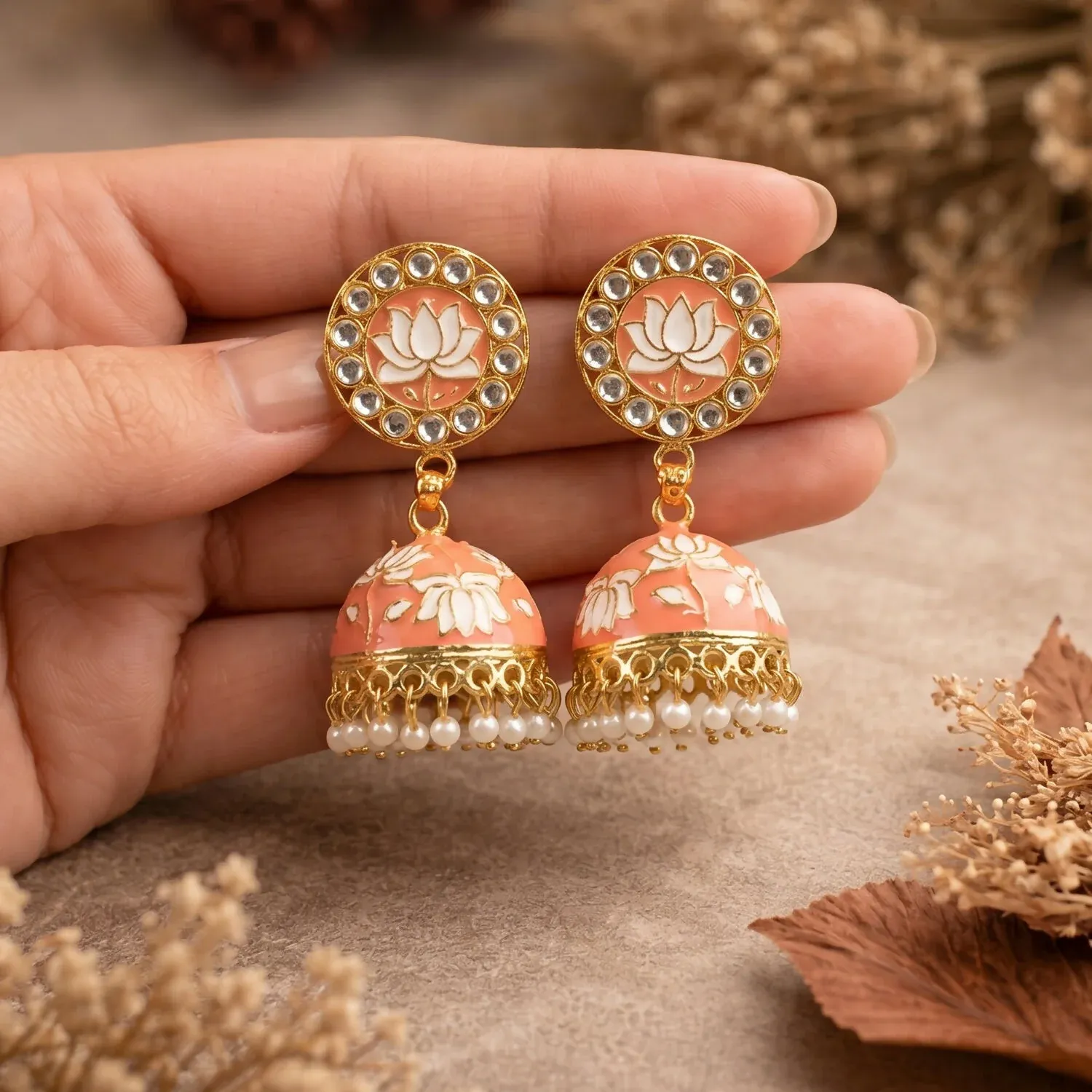 Peach Lotus Design Gold Tone Jhumka Earrings with Pearl Beads - Detailed Feature View 4