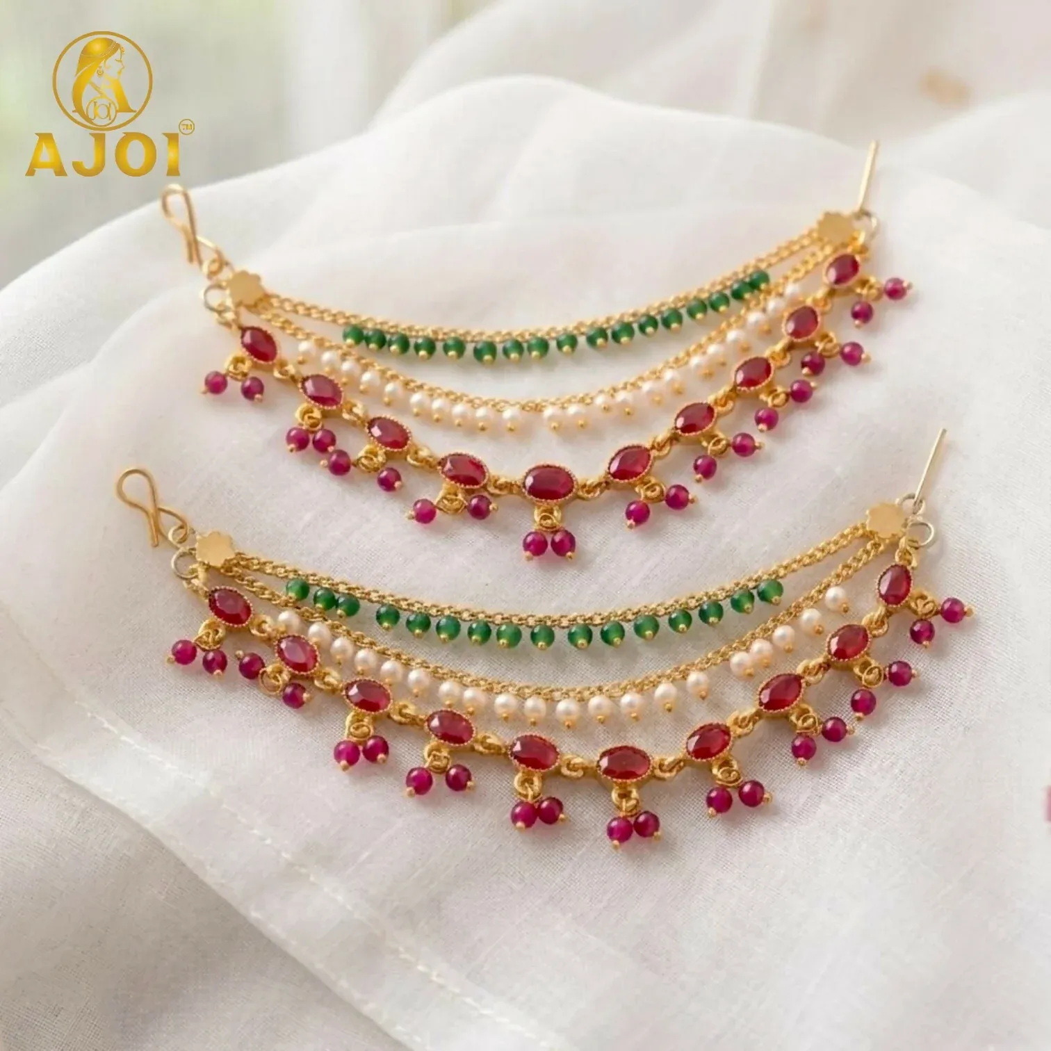 Traditional Gold-Tone Ruby, Emerald & Pearl Multi-Layer Chain Earrings - Detailed Feature View 2