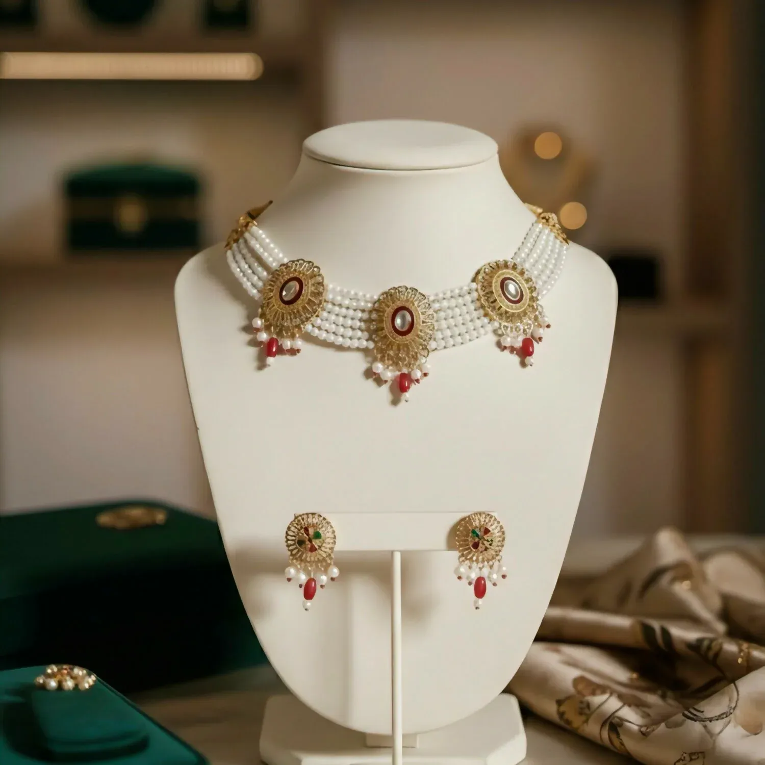 Traditional Gold-Plated Kundan Pearl Choker Necklace Set with Emerald red Drops and Matching Earrings - Detailed Feature View 2