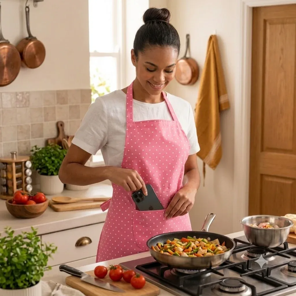 Adjustable Stylish Polka Dot Kitchen Apron with Front Pocket for Cooking & Baking - Detailed Feature View 1