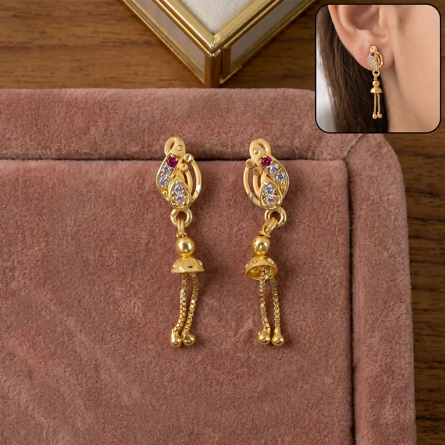 Premium Gold-Plated Leaf Design Chain Drop Earrings for Women (1 Pair) - Buy Online at Alikart