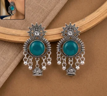 Oxidized Silver-Plated Teal Green Stone Jhumka Earrings | Traditional Ethnic Jewelry