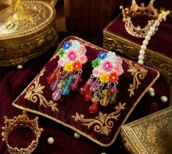 Handcrafted Flower Bead Earrings with Multicolor Crystal Drops