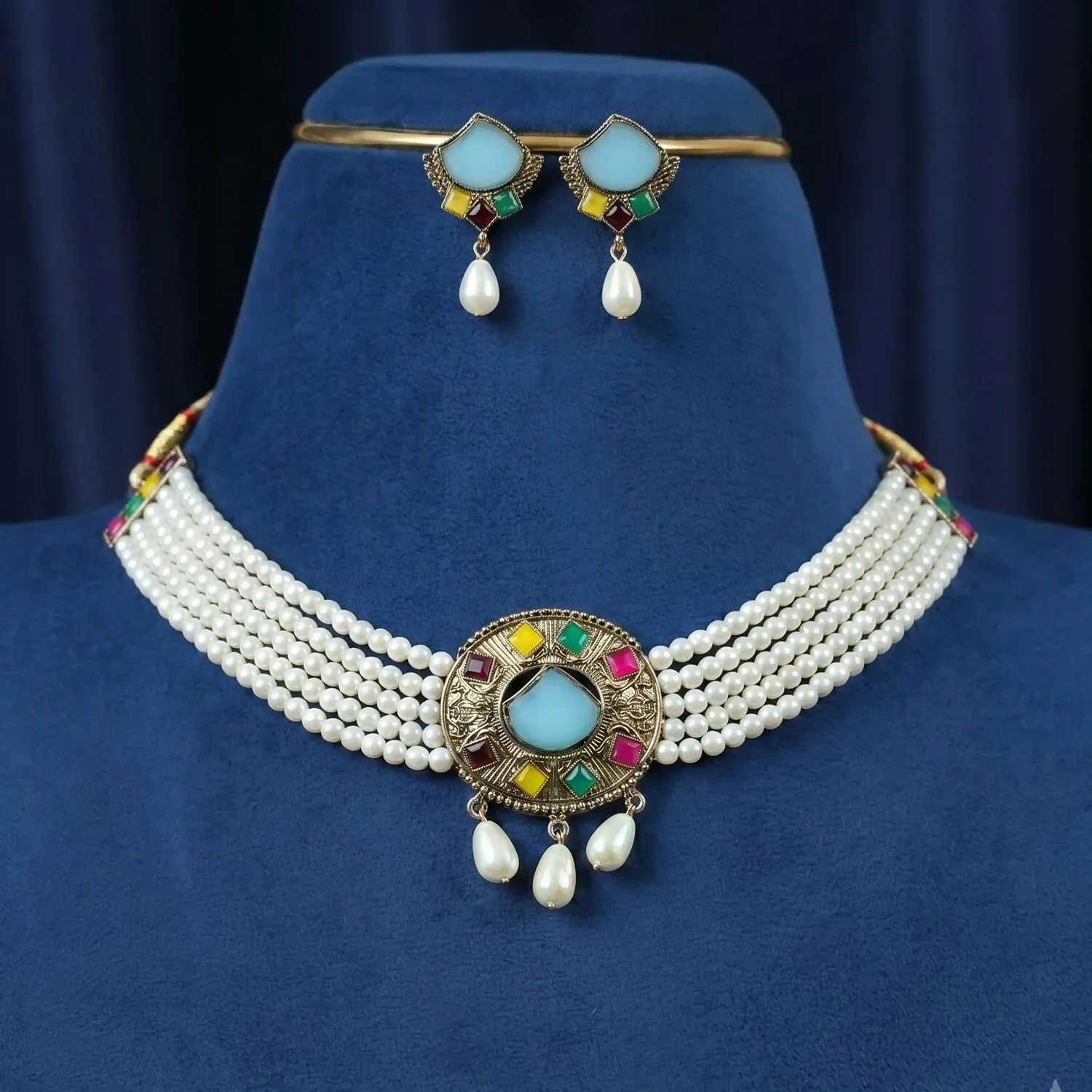 Traditional Sky Blue Stone Pearl Choker Necklace Set with Earrings for Women - Detailed Feature View 2
