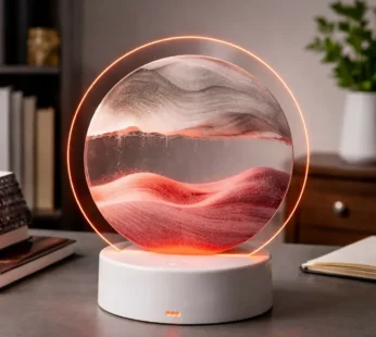 Red Sand Round LED Acrylic Table Lamp with Abstract Art Design