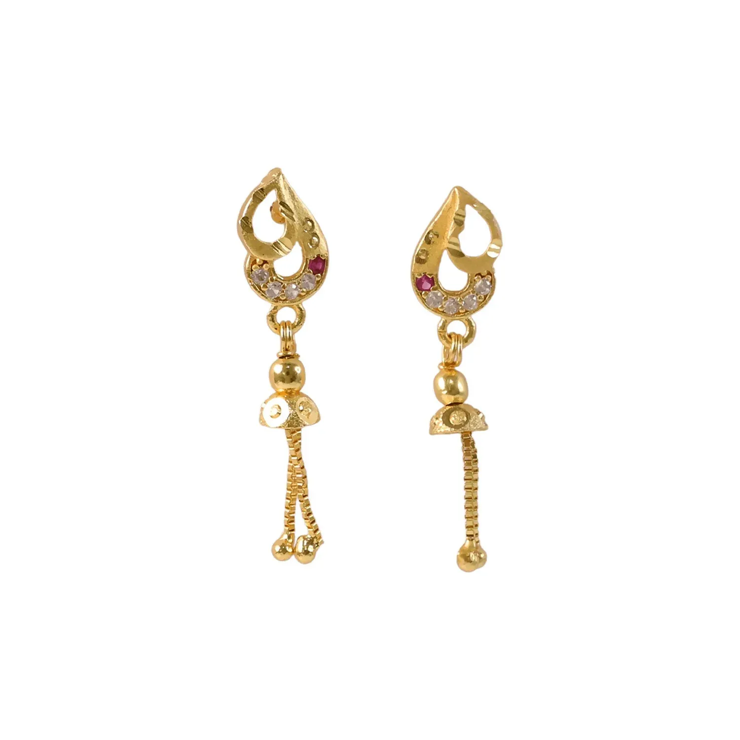 Traditional Gold Polish Long Dangler Earrings with American Diamonds & Ruby - Detailed Feature View 4