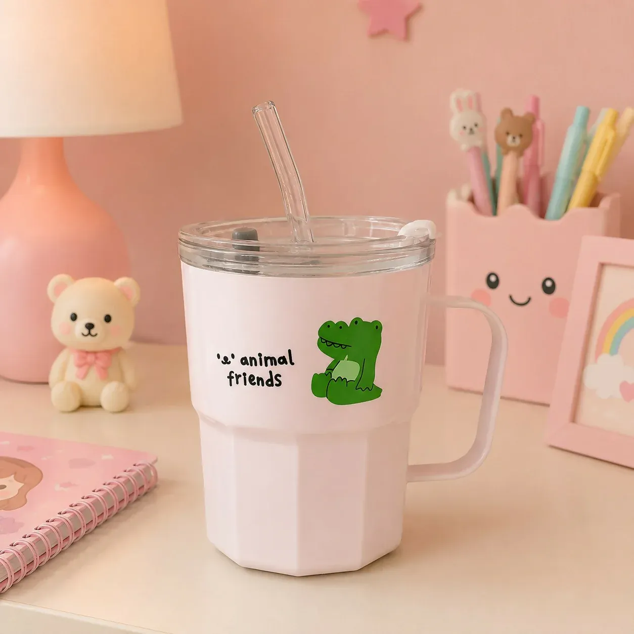 Premium Animal Friends Glass Tumbler – Cute Animal Print with Straw - Buy Online at Alikart