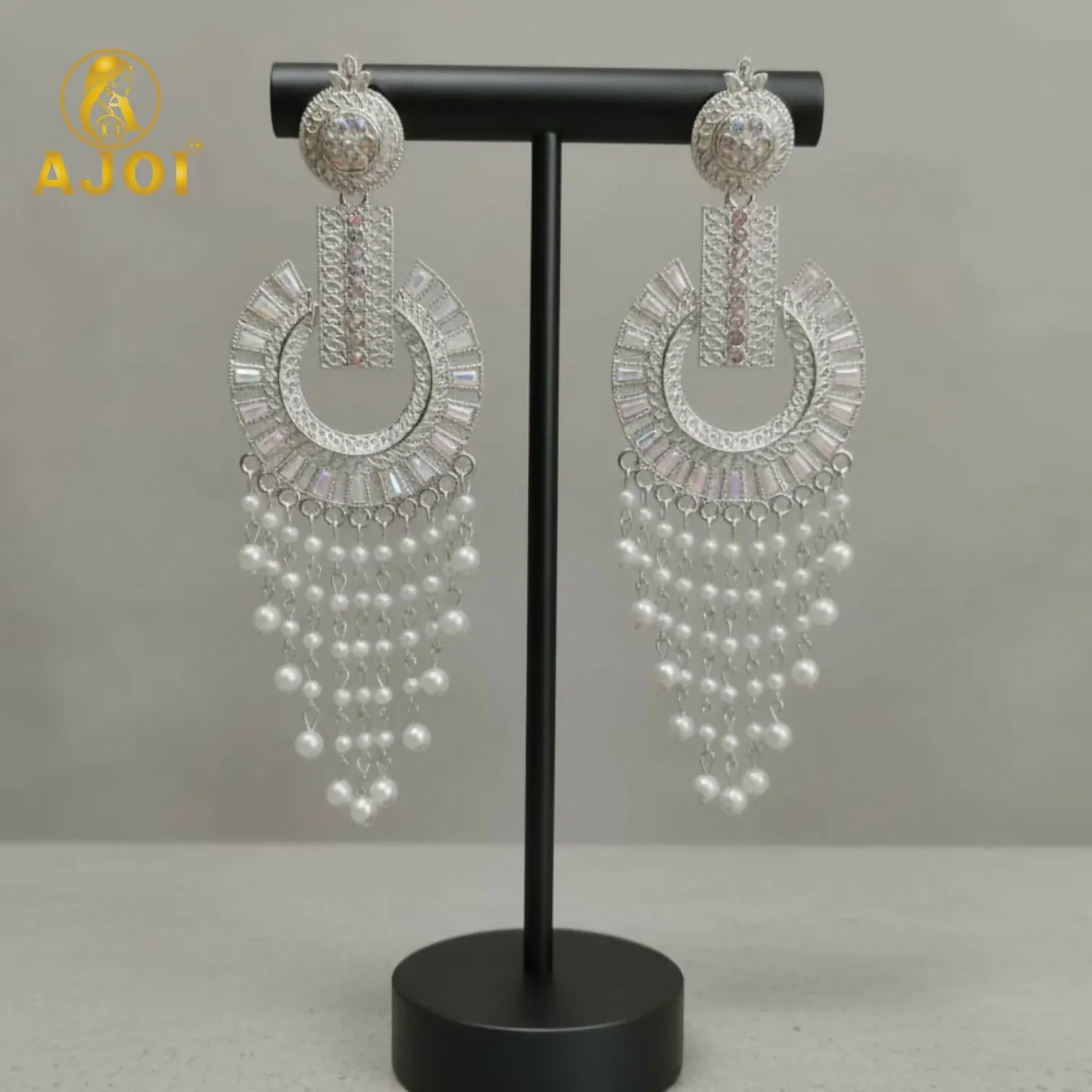 Silver-Tone Pearl Tassel Statement Earrings for Festive Wear - Detailed Feature View 4