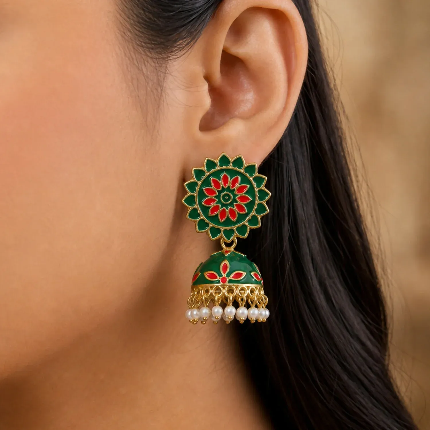 Green and Red Floral Enamel Jhumka Earrings with Pearl Drop Design - Detailed Feature View 1