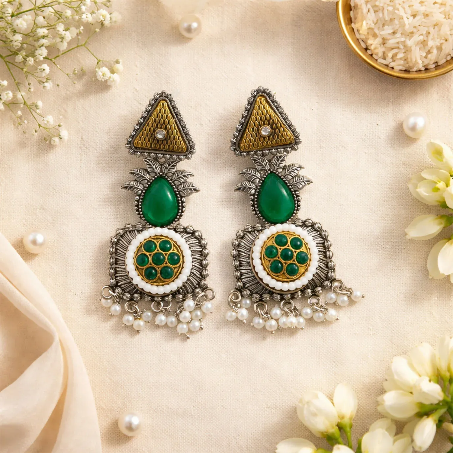 Elegant Oxidized Silver Earrings with Green Stone & Pearl Drop Fringe - Detailed Feature View 3