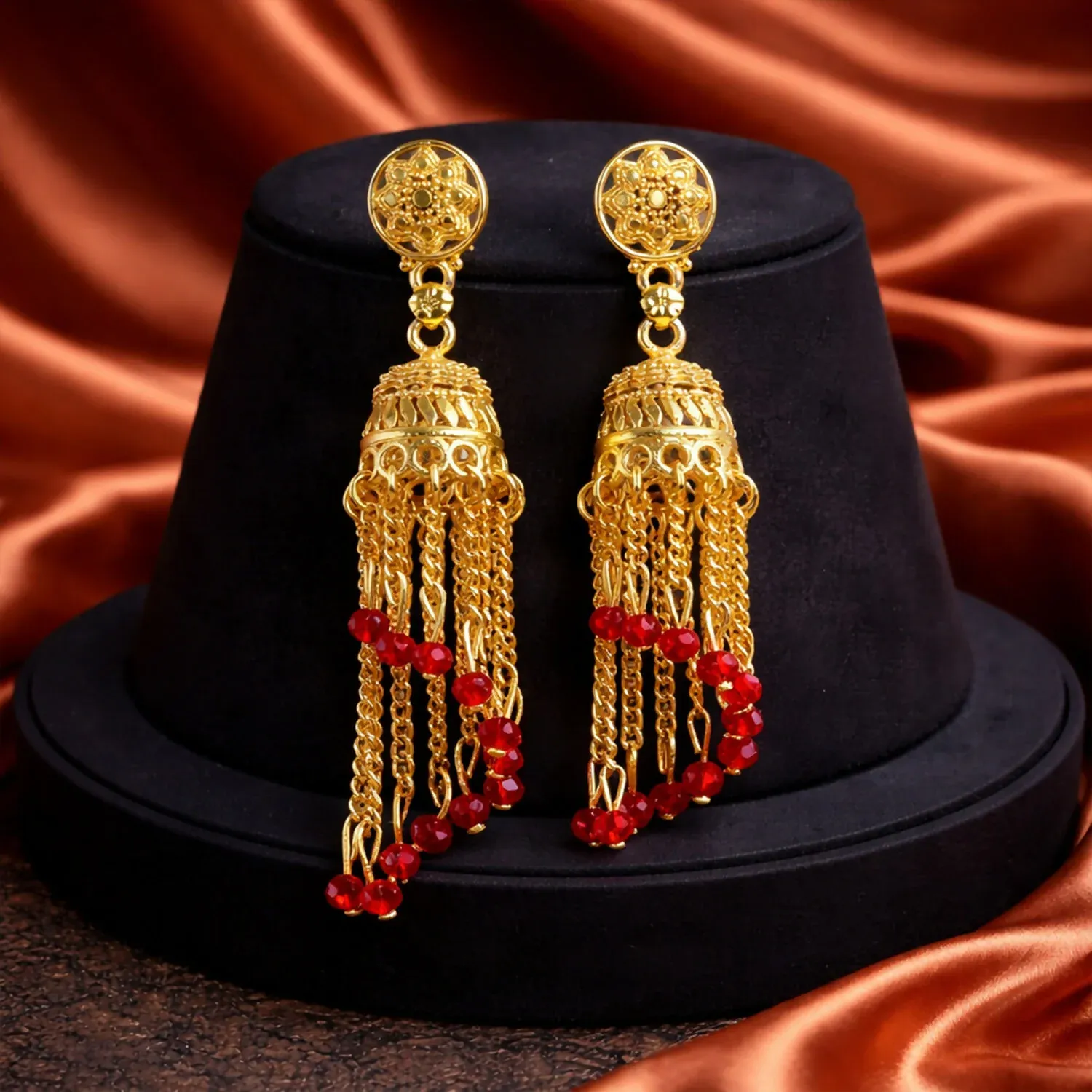 Premium Gold Tone Chain Tassel Jhumka Earrings with Red Beads - Ethnic Dangle - Buy Online at Alikart