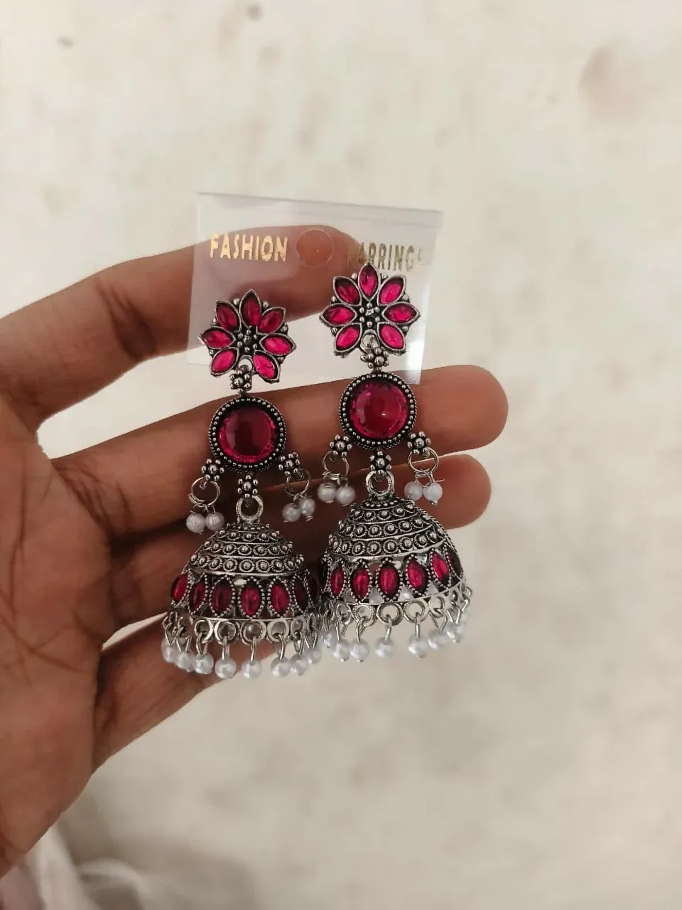 Oxidized Silver Jhumkha Earrings with Lilac Stones & Lavender Beads - Detailed Feature View 4