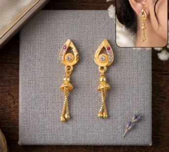 Ethnic Gold-Plated Leaf Motif Chain Drop Earrings for Women (1 Pair)