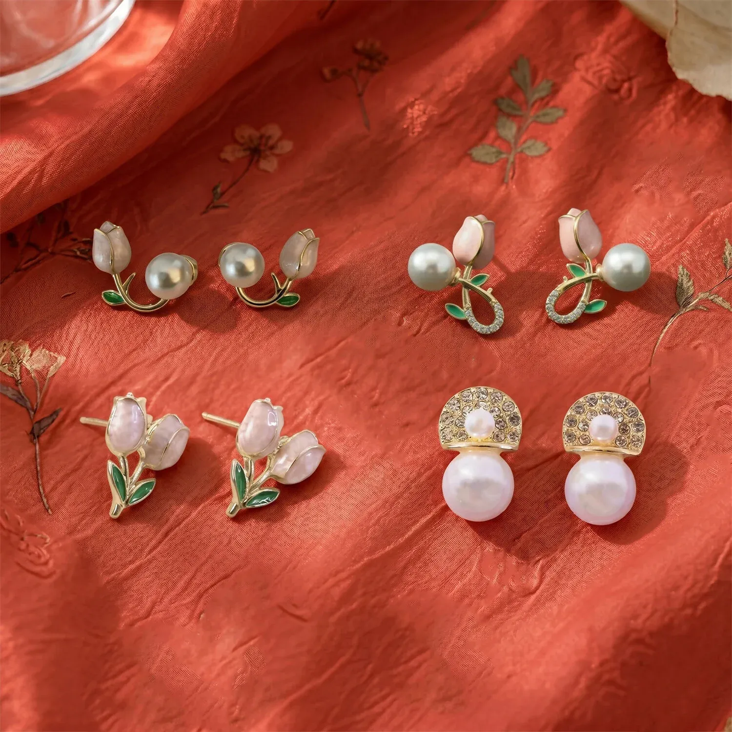 Designer Butterfly Floral Pearl Stud Earrings for Women & Girls (4 Pair) - Detailed Feature View 2