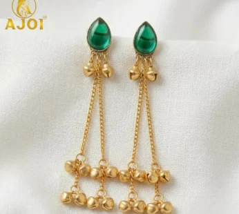 Elegant Green Stone Gold Plated Chain Drop Earrings with Ghungroo Bells