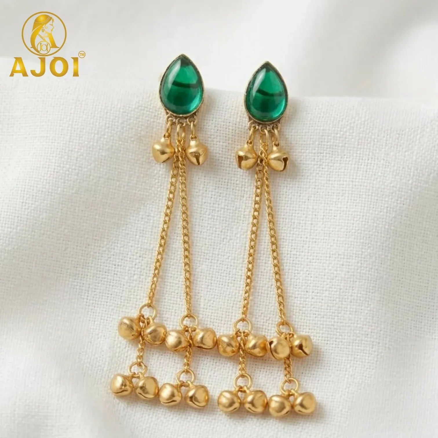 Premium Elegant Green Stone Gold Plated Chain Drop Earrings with Ghungroo Bells - Buy Online at Alikart