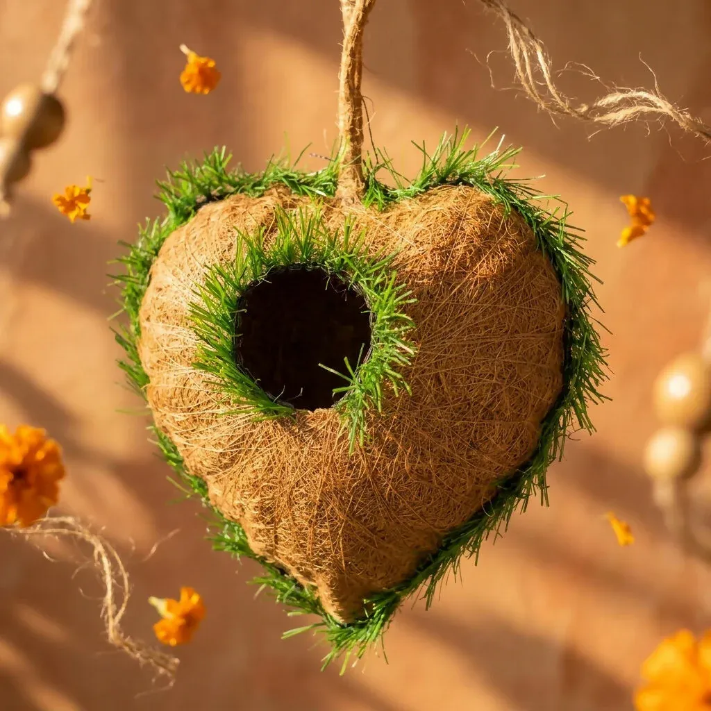 Heart-Shaped Natural Coir Hanging Bird House for Garden & Balcony - Detailed Feature View 1