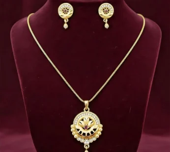 Women’s Gold-Tone Jewelry Set | Round Filigree Pendant with Red Stone | Ethnic Wedding Wear Necklace & Earrings