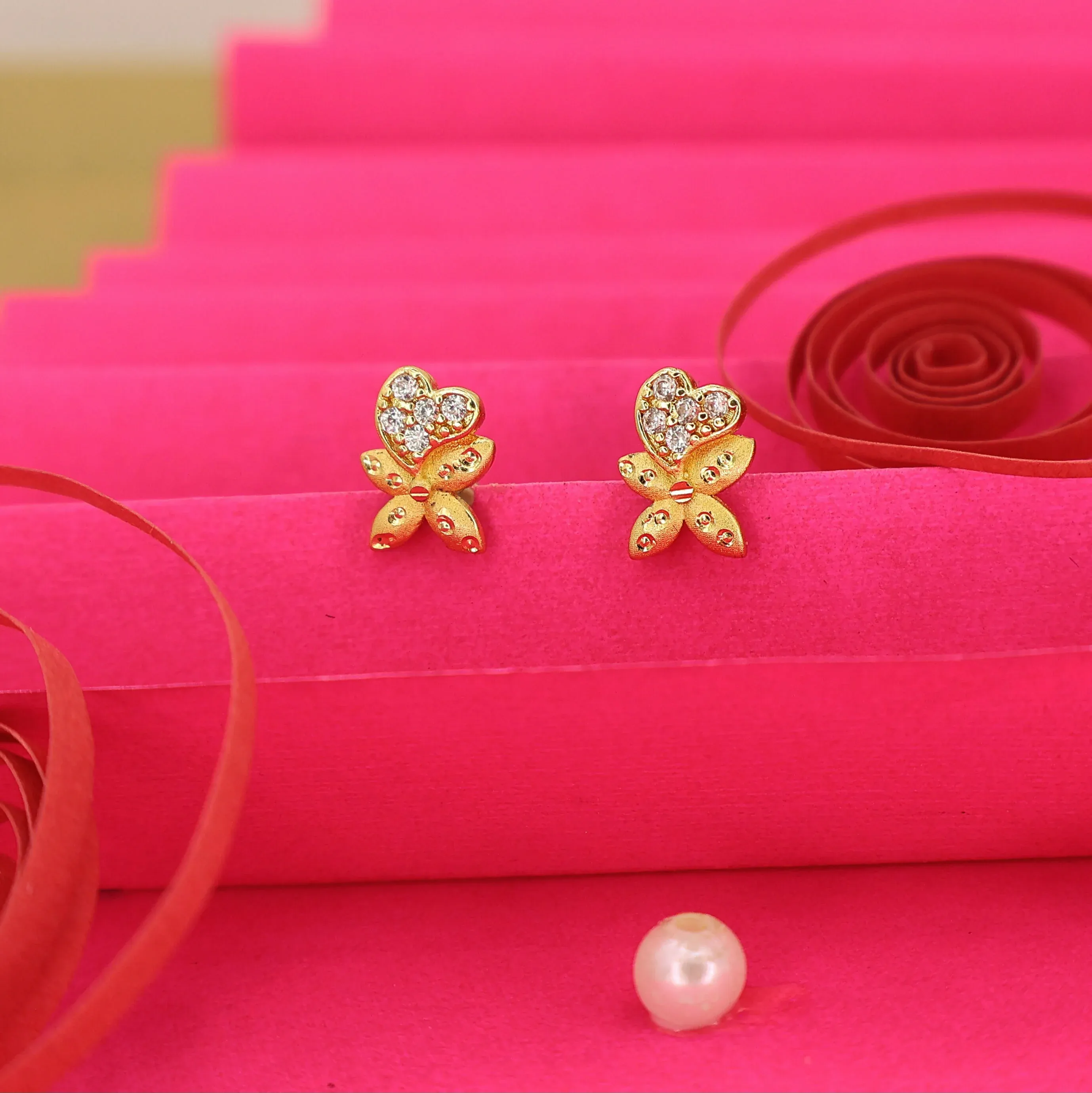 Premium Gold Butterfly & Heart Diamond Stud Earrings for Women - Buy Online at Alikart