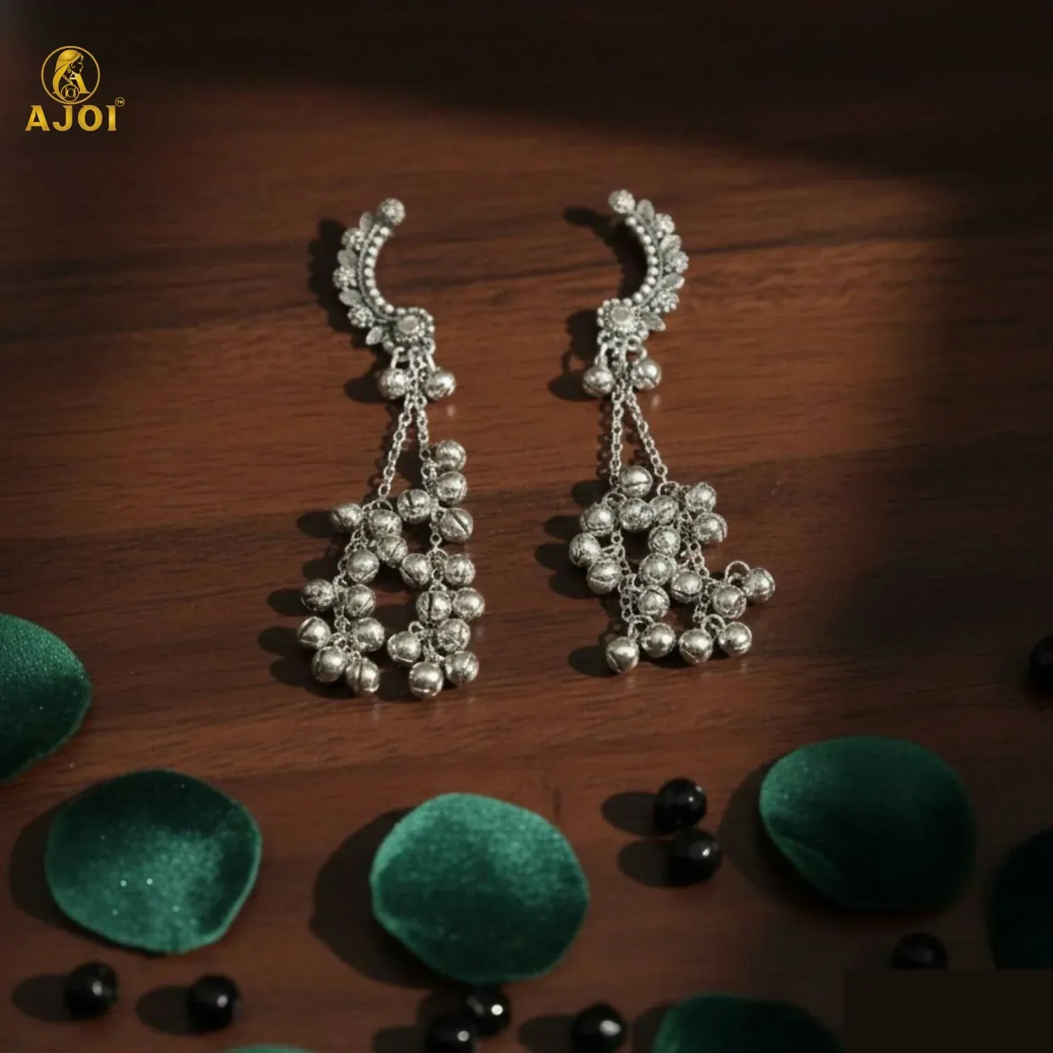 Premium Kasmiri Silver Oxidised Chandbali Jhumka Earrings with Ghungroo Dangles - Buy Online at Alikart