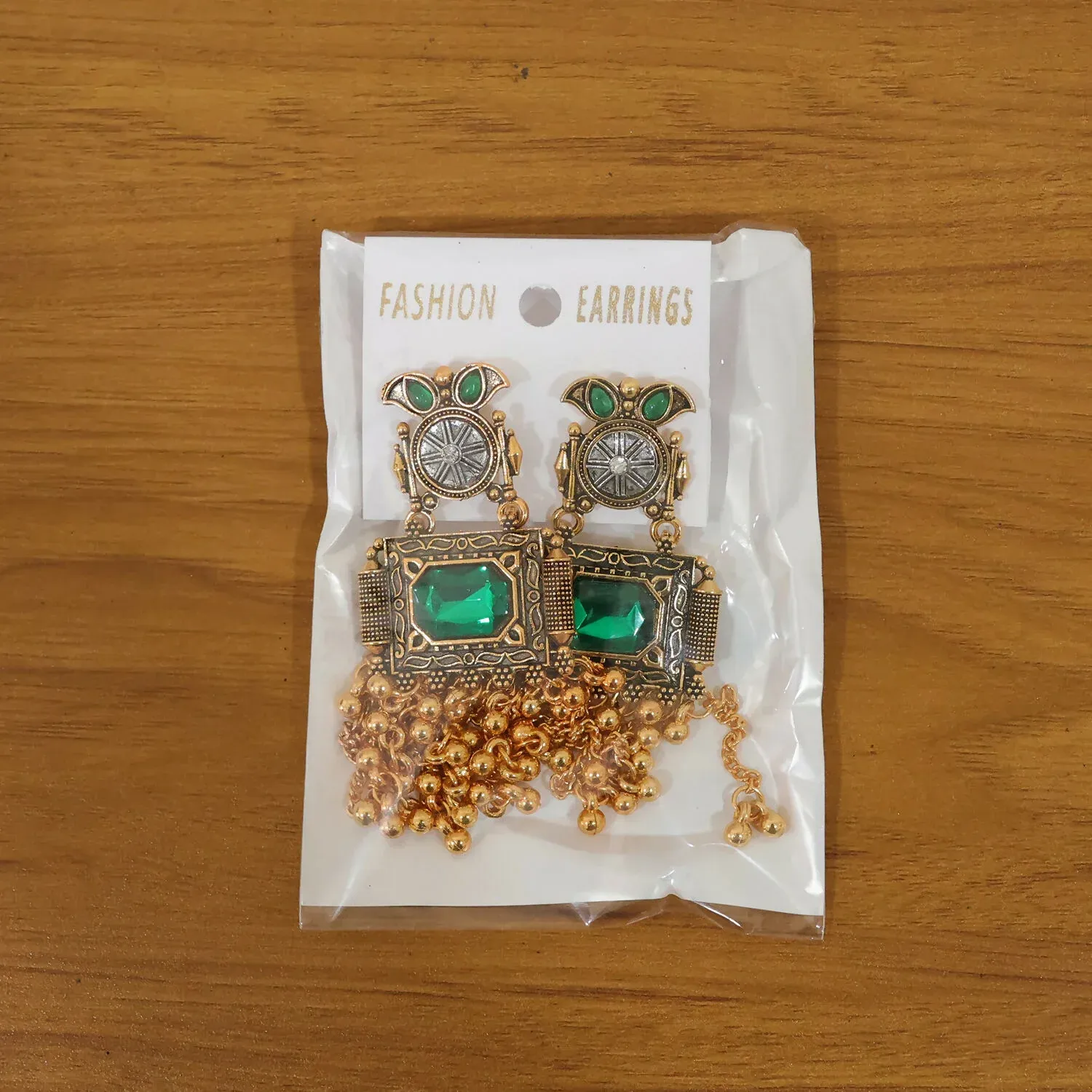 Kashmiri Antique Long Tassel Earrings with Green Stone & Ghungroo Chain Drops - Detailed Feature View 5