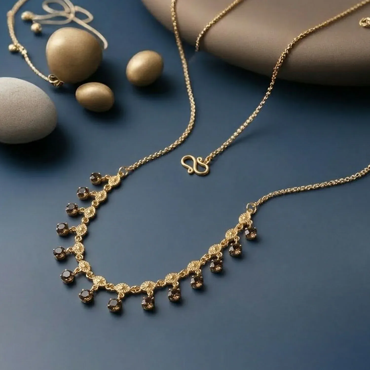 Gold Tone Beaded Drop Necklace with Elegant Fringe Design - Detailed Feature View 1
