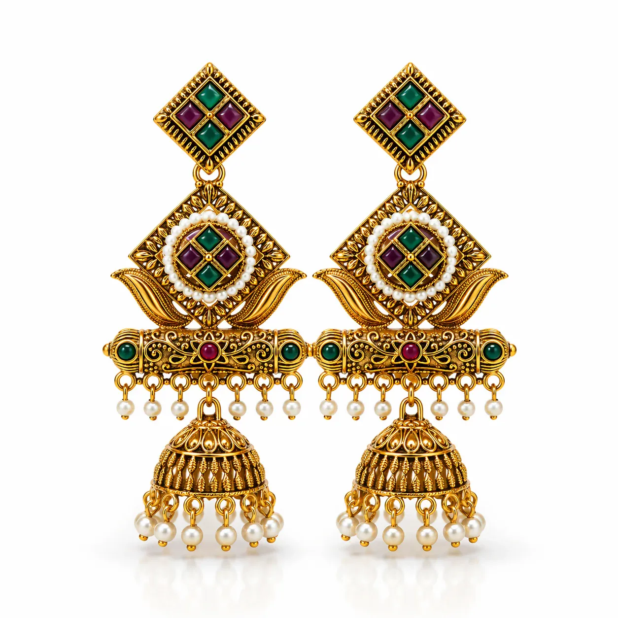 Premium Antique Gold-Plated Geometric Stone & Pearl Jhumka Earrings - Detailed Feature View 3