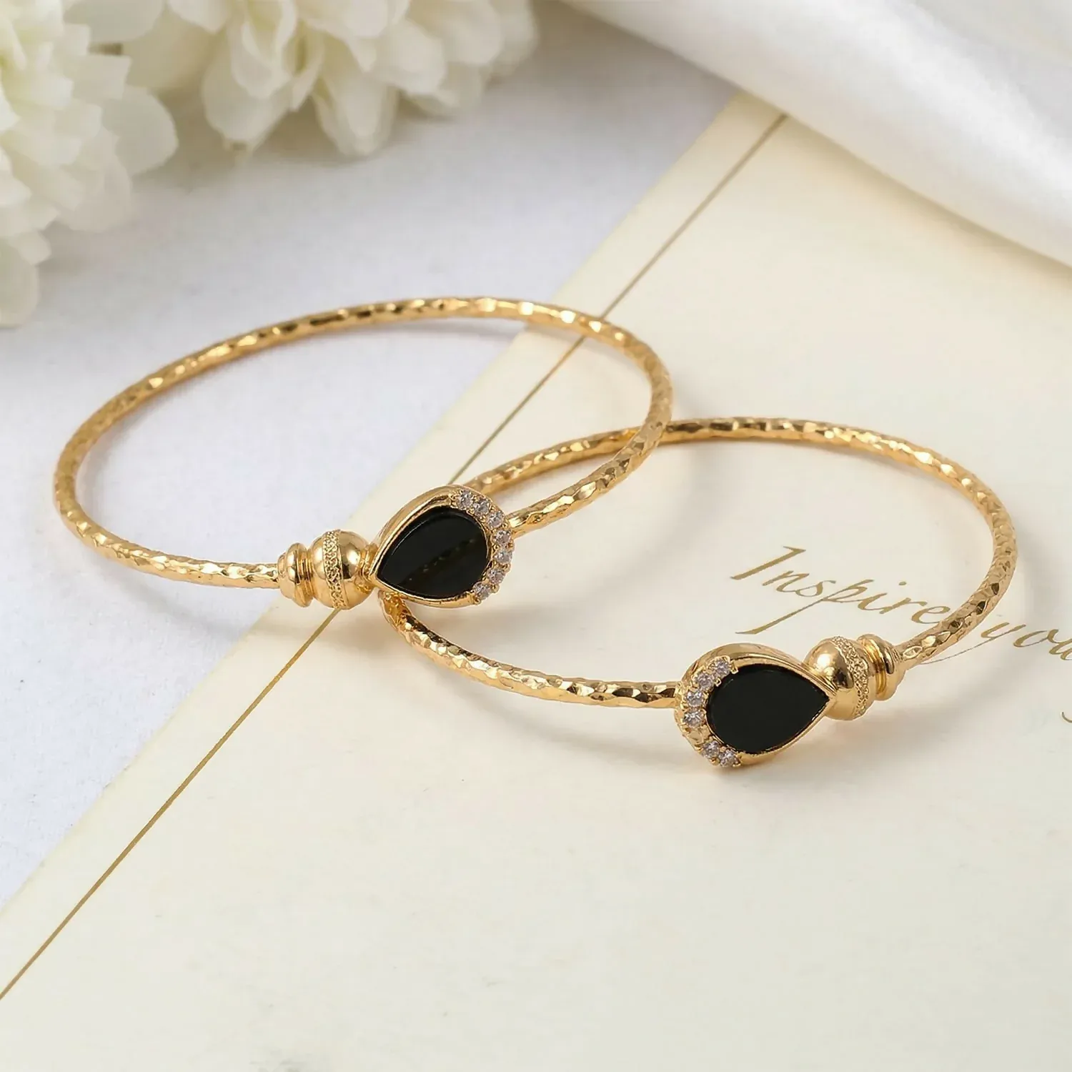 Premium Gold Plated Black Stone Openable Kada Bracelet Pair - Buy Online at Alikart