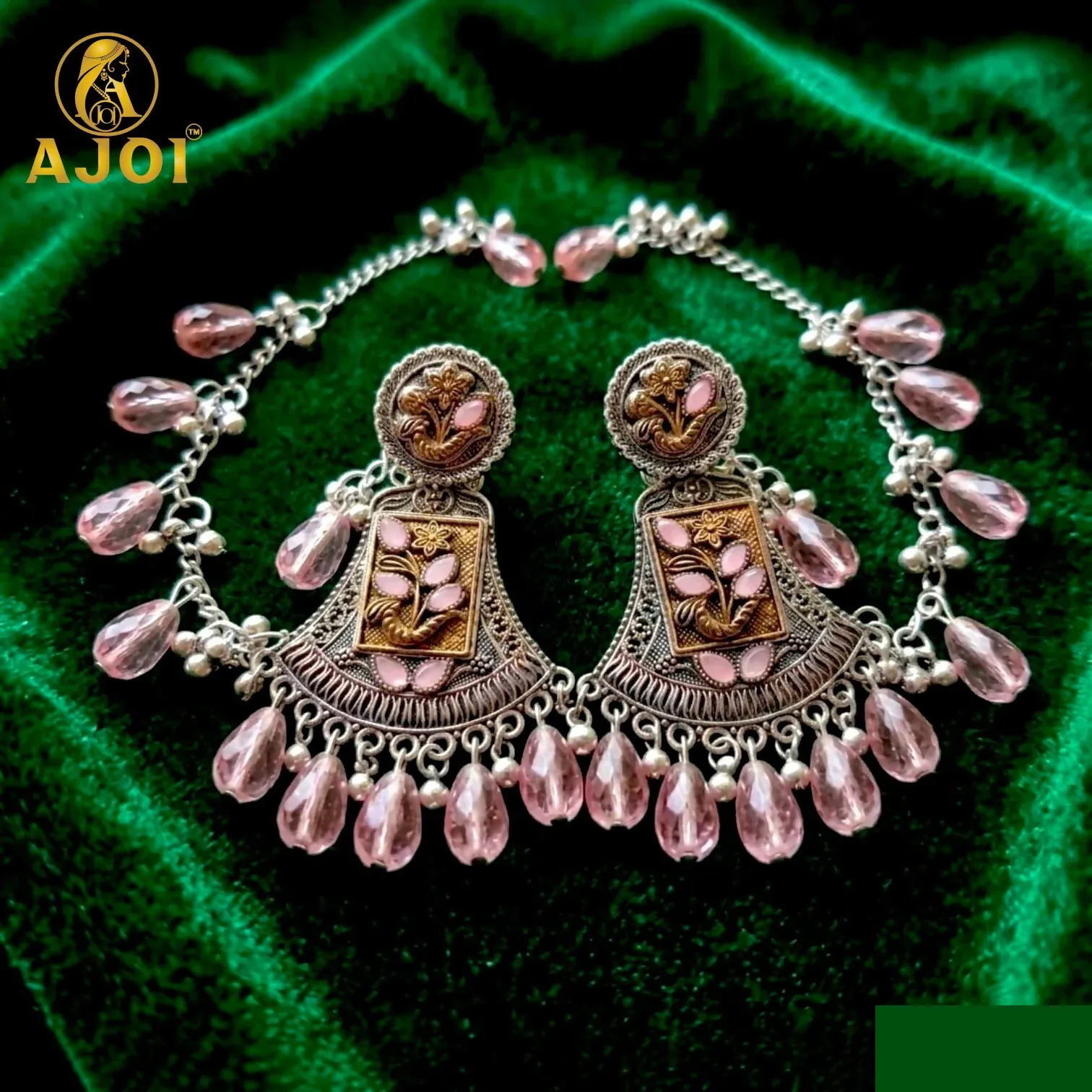 Antique Dual-Tone Oxidised Floral Drop Earrings with Pink Crystal Teardrop Danglers - Detailed Feature View 3